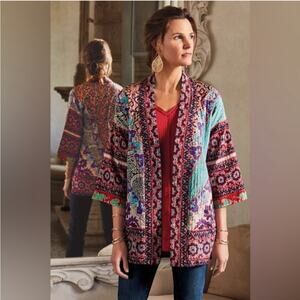 Soft Surroundings Bohemian Quilted Lotus Topper Kimono Cardigan Multi Color Med